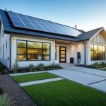 Ein modernes energieeffizientes Haus mit Solarpaneelen auf dem Dach und einem grünen Garten im Vordergrund.